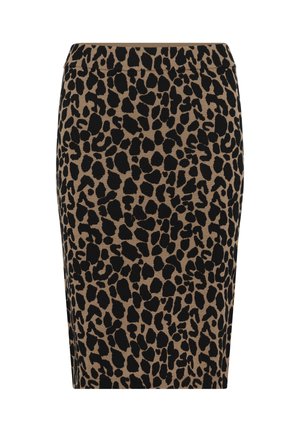 Ceruzková sukňa po kolená s čiernymi nepravidelnými leopardími škvrnami na svetlohnedom podklade, s priliehavým elastickým pásom.