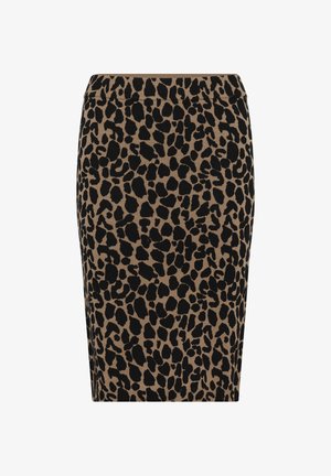 Ohlapna krilo do kolen z črnimi nepravilnimi lisami leopardovega vzorca na svetlo rjavi podlagi, s prilagojenim elastičnim pasom.