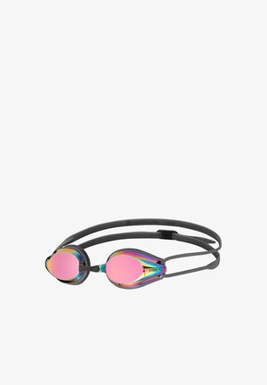Lunettes avec une sangle en silicone grise, dotées de lentilles ovales réfléchissantes roses avec un dégradé arc-en-ciel et une bordure noire. Conçues pour la natation.