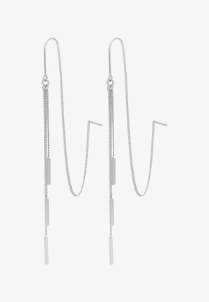 Stříbrné kovové náušnice s dlouhým řetízkem a obdélníkovými detaily, elegantní design a háčkovým zapínáním pro bezpečné nošení.