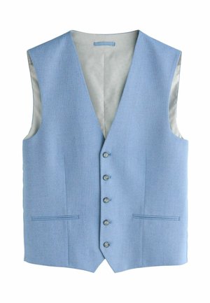 Lyseblå herrevest med skræddersyet pasform, fem knapper, to forlommer med kantbånd og lys grå foer, vist fladt mod hvid baggrund.