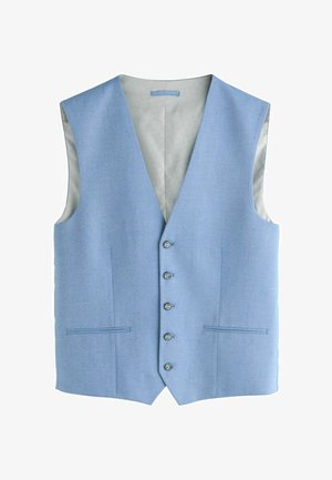 Light blue men's tailored vest with five buttons, two front welt pockets, and light gray inner lining, displayed flat on a white background.