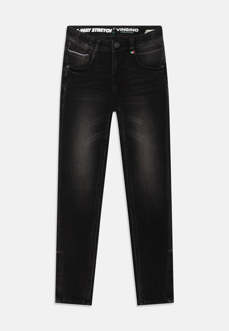 Jean noir coupe slim avec légers détails délavés, fermeture avant par boutons, cinq poches et ceinture de marque avec tissu extensible.