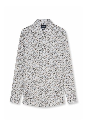 Camicia bianca a maniche lunghe con bottoni, piccolo motivo floreale marrone e nero e colletto standard.