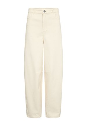 Cream-colored wide-leg pants made of cotton, featuring a high waist, front pockets, and a single button closure with belt loops.