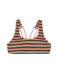 Prugasti bralette sa mekanom teksturom, koji ima horizontalne pruge u ružičastoj, zelenoj, plavoj i žutoj boji, podesive naramenice i širok kroj.