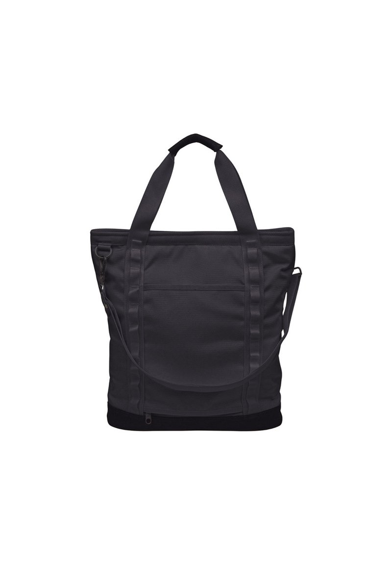 Schwarze Tragetasche mit zwei oberen Griffen und verstellbarem Schulterriemen, mit strukturierter Oberfläche und einer Reißverschlusstasche an der Seite.