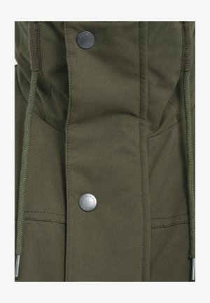 Olive green fabric jacket with a front closure featuring silver buttons. Includes hood drawstrings and textured material.
