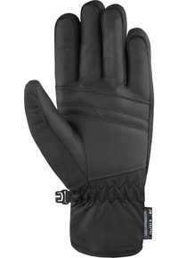 Gants étanches noirs avec des panneaux en cuir texturé, isolation rembourrée et poignet resserré. Comprend une sangle pour un ajustement réglable.