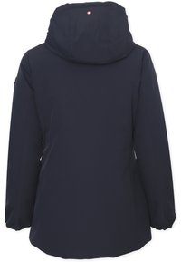 Giacca esterna blu navy con cappuccio, maniche lunghe e un design snello con dettagli minimalisti. Tessuto liscio e resistente.