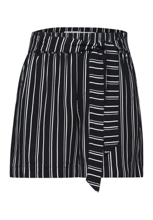 Schwarze Shorts mit vertikalen weißen Streifen, einem angenähten Stoffgürtel, der auf der rechten Seite gebunden ist, und einem hohen elastischen Bund.