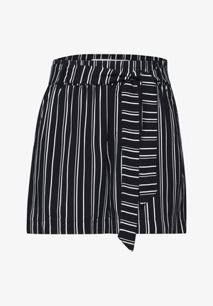 Schwarze Shorts mit vertikalen weißen Streifen, einem angenähten Stoffgürtel, der auf der rechten Seite gebunden ist, und einem hohen elastischen Bund.