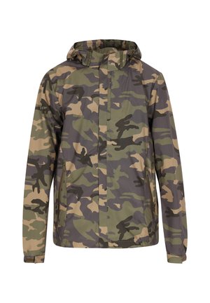 Camo bunda s kombinací zelených, béžových a černých odstínů, s kapucí, bočními kapsami na zip a voděodolnou tkaninou.