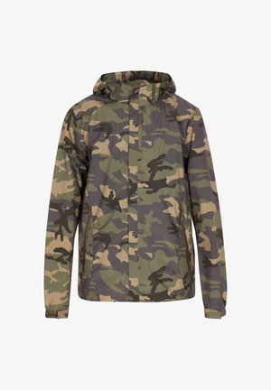 Camo bunda s kombinací zelených, béžových a černých odstínů, s kapucí, bočními kapsami na zip a voděodolnou tkaninou.