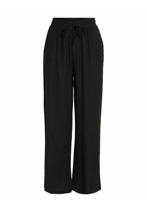 Pantalones de pierna ancha negros, hechos de una tela ligera, que cuentan con una cinturilla elástica con cordón ajustable para un ajuste personalizable.