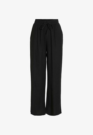 Pantalones de pierna ancha negros, hechos de una tela ligera, que cuentan con una cinturilla elástica con cordón ajustable para un ajuste personalizable.