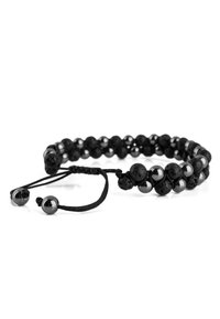 Black beaded bracelet featuring round lava and metallic beads, with a textured design and adjustable cord closure.