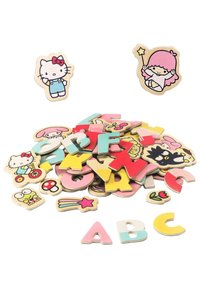 Wooden alphabet puzzle pieces in various colors featuring cartoon characters; includes letters, shapes, and illustrations with vibrant designs.