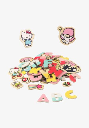 Wooden alphabet puzzle pieces in various colors featuring cartoon characters; includes letters, shapes, and illustrations with vibrant designs.