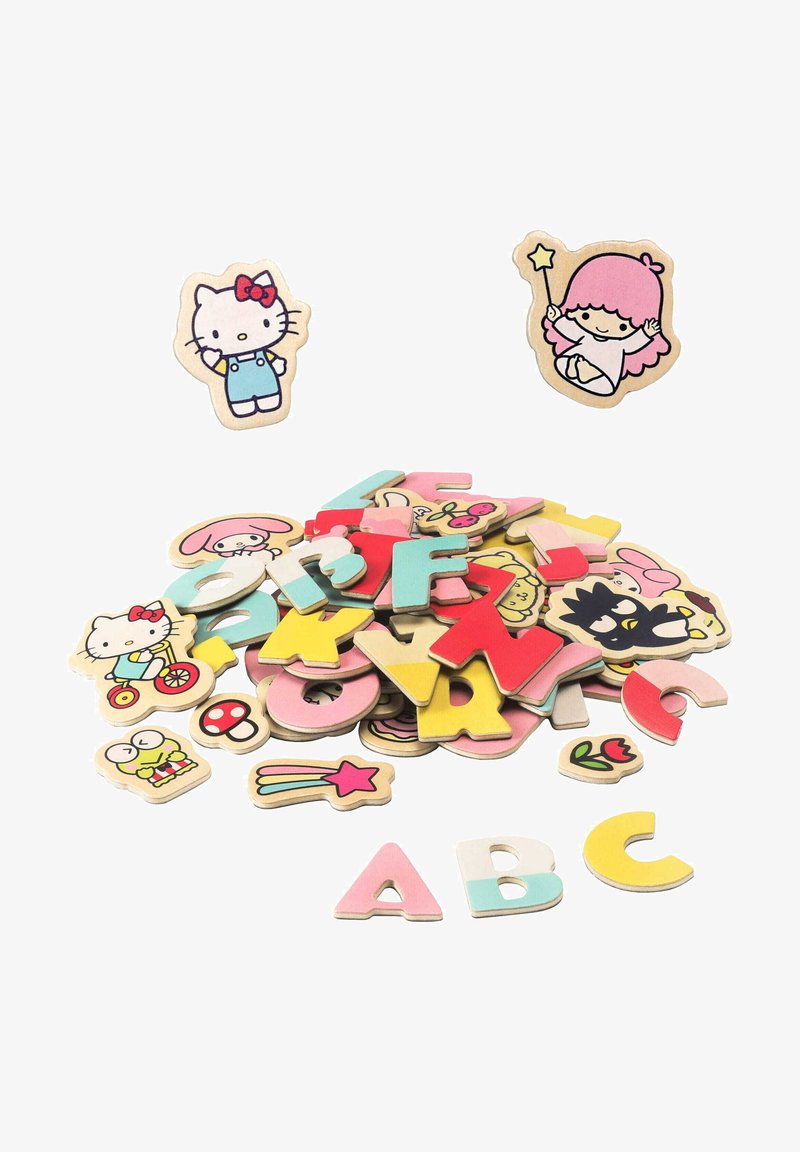 Wooden alphabet puzzle pieces in various colors featuring cartoon characters; includes letters, shapes, and illustrations with vibrant designs.