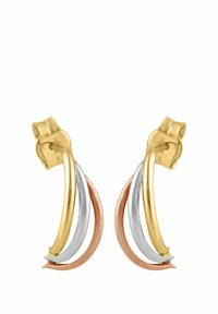 Náušnice zo zlata, striebra a ružového zlata s vlnitým dizajnom; majú leštenú textúru a kruhový tvar s bezpečným zapínaním.