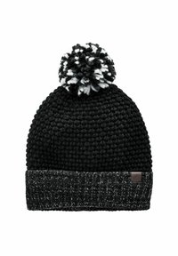 Mustad mustamine beanie mustast lõngast, valge ja musta pom-pomiga peal, mille allosas on tekstureeritud hall riba ja väike brändi silt.