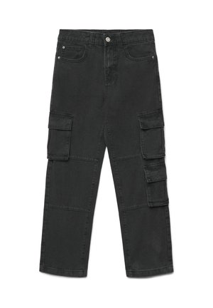 Pantalon cargo noir avec plusieurs poches à rabat sur les cuisses et les genoux, fermeture par boutons et passants de ceinture, posé à plat sur fond blanc.