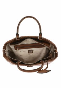 Borsa a spalla in tessuto marrone con due manici, scomparto con zip e interni beige con un motivo di logo ripetuto. Include un'etichetta decorativa.