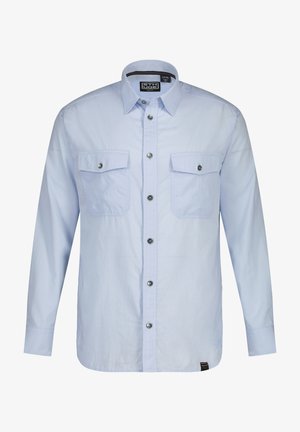 Světle modrá košile s dlouhým rukávem vyrobená z tkané látky, s umělým zapínáním, dvěma kapsami na prsou a stříbrnými knoflíky.