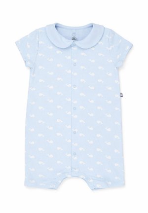 Tutina azzurra chiaro per neonati con maniche corte, bottoni automatici davanti, colletto alla Peter Pan e motivo balena bianco.