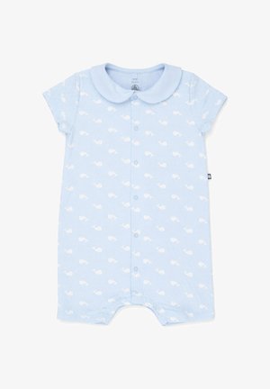 Peto azul claro para bebé con mangas cortas, botones a presión en la parte delantera, cuello Peter Pan y estampado blanco de ballenas.
