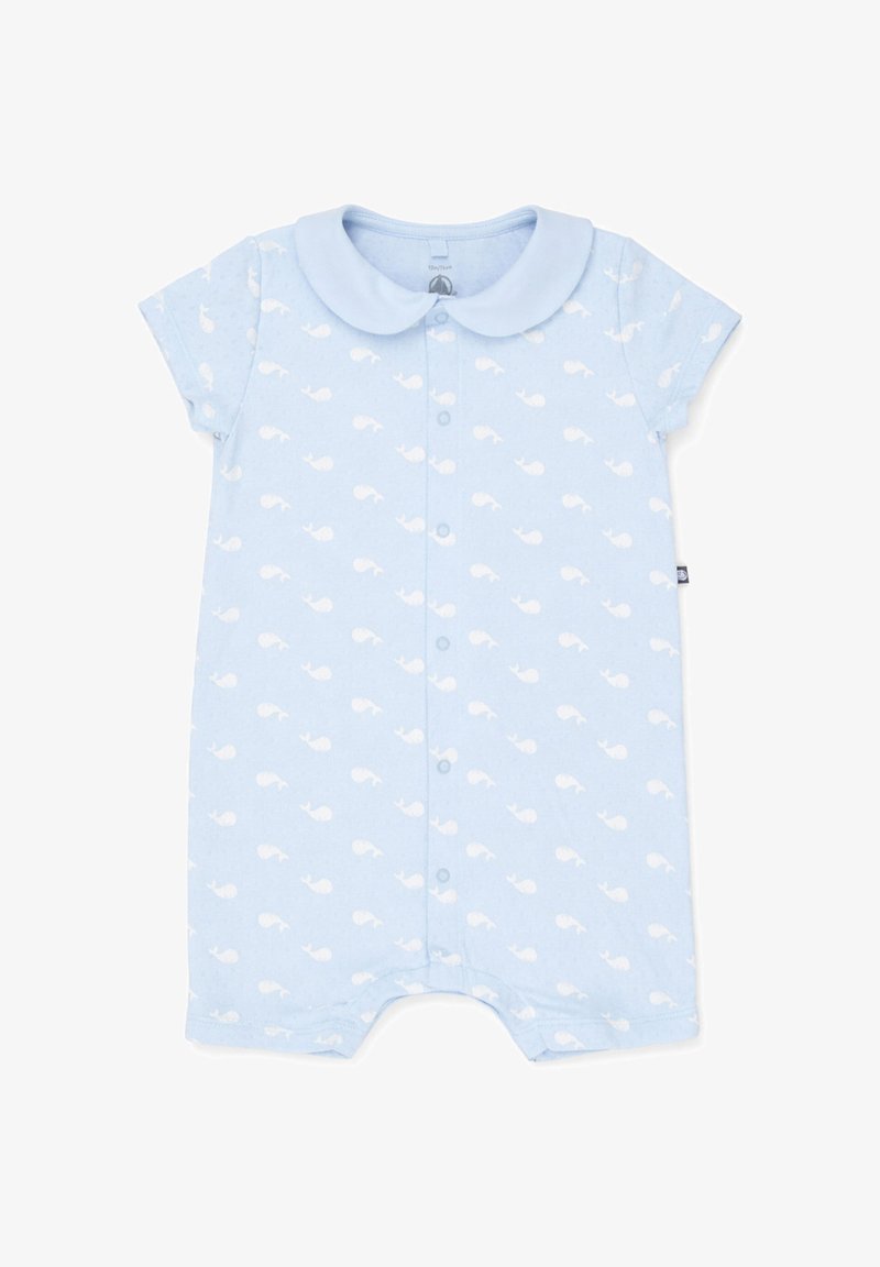 Barboteuse bébé bleu clair à manches courtes, boutons-pression devant, col Claudine et motif baleine blanc.