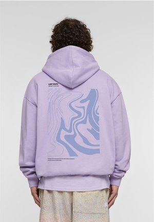 Purple hoodie with a large light blue abstract pattern on the back, featuring soft fabric and a kangaroo pocket at the front.