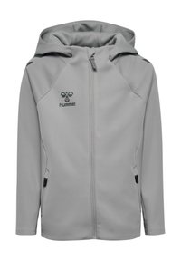 Grau zip-up Kapuzenpullover, aus weichem Material. Verfügt über seitliche Taschen, ein Logo auf der Brust und kontrastierende schwarze Akzente an den Schultern.