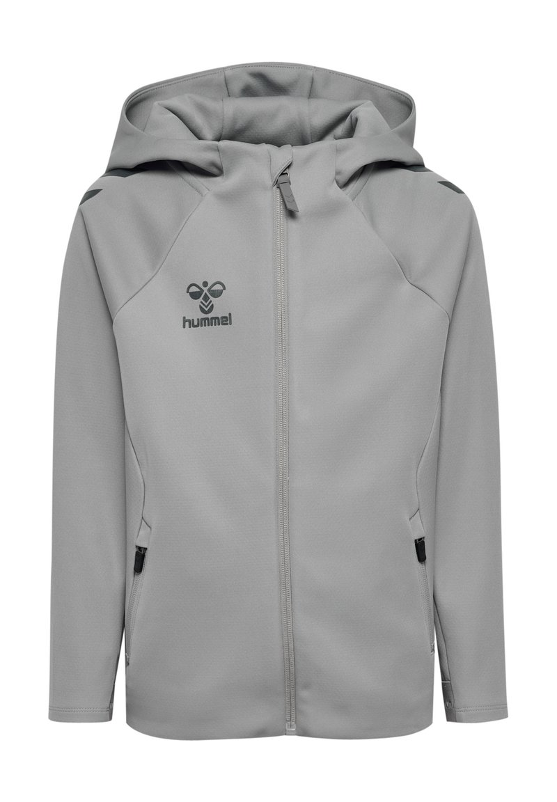 Grau zip-up Kapuzenpullover, aus weichem Material. Verfügt über seitliche Taschen, ein Logo auf der Brust und kontrastierende schwarze Akzente an den Schultern.