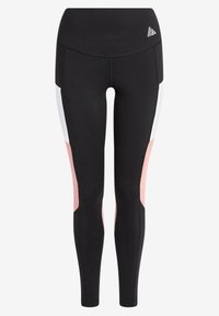 Sorte leggings med høj talje, der har lyserøde og hvide sidepaneler. Fremstillet af et strækbart materiale, designet til aktivt brug.