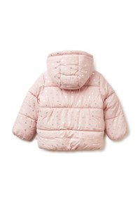 Giubbotto puffo rosa con cappuccio, caratterizzato da un design trapuntato e da motivi a cuore argento e bianco sul tessuto esterno. Tessuto morbido nel complesso.