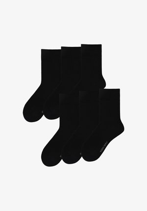 Schwarze Baumwollsocken im 6er-Pack. Jeder Socke hat eine glatte Textur, Knöchellänge und ein minimalistisches Design ohne Muster oder Verzierungen.
