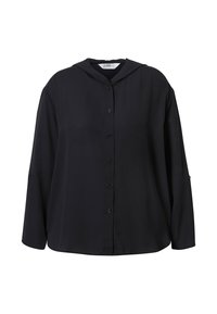 Schwarz kapuzenpulli mit langen Ärmeln, Knopfverschluss und glatter Textur. Hat einen lockeren Schnitt und subtile Knopfakzente an den Ärmeln.