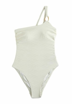 Hvid tekstureret badedragt med én skulder og en enkelt strop med en lille guldringdetalje.
