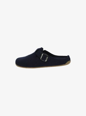 Navy felt slip-on shoe with a round toe and a side buckle, featuring a flexible brown rubber sole for traction.