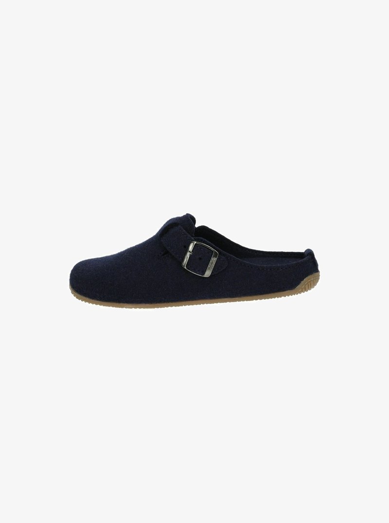 Donkerblauwe slip-on schoen van vilt met een ronde neus en een zijgesp aan de zijkant, voorzien van een flexibele bruine rubberen zool voor goede grip.