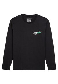 T-shirt nera a maniche lunghe in cotone con scollatura tonda. Presenta una stampa grafica verde e bianca sulla parte sinistra del petto.
