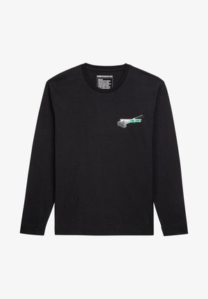 Schwarzes Langarm-T-Shirt aus Baumwolle mit rundem Halsausschnitt. Mit einem grafischen Druck in Grün und Weiß im Bereich der linken Brust.