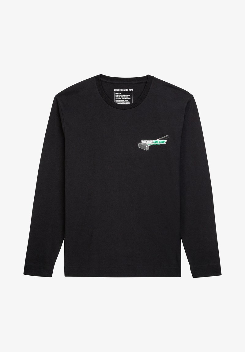 T-shirt nera a maniche lunghe in cotone con scollatura tonda. Presenta una stampa grafica verde e bianca sulla parte sinistra del petto.