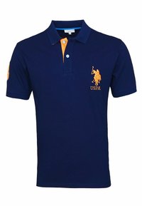 Navy blue short-sleeve polo shirt with orange accents featuring a polo player logo and USPA text on the chest.