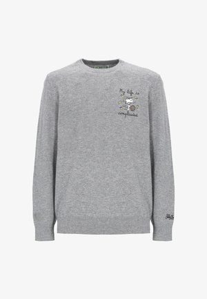 Maglione grigio a maniche lunghe realizzato in morbida miscela di cotone, con scollo tondo. Grafica ricamata a cartone animato con testo sul lato sinistro anteriore.