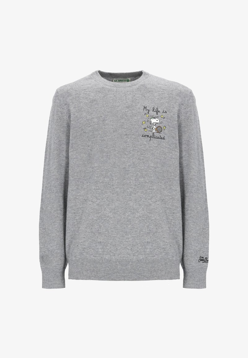 Grå langærmet sweater lavet af blød bomuldsblanding med rund hals. Broderet tegneseriegrafik med tekst på venstre forside.