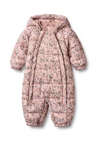 Ružový prešívaný zimný overal s kvetinovým vzorom, ktorý má kapucňu, elastické manžety a zapínanie na patentné gombíky. Mäkká látka s polstrovanou izoláciou.