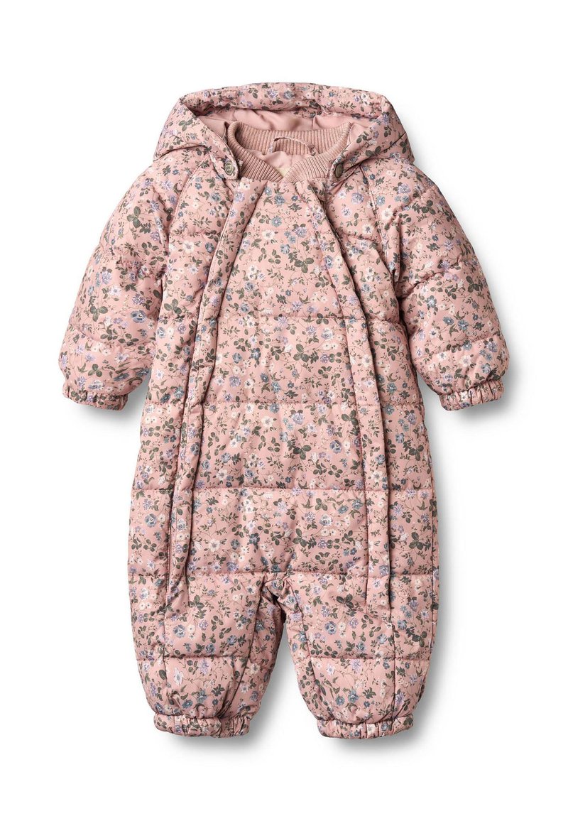 Ružový prešívaný zimný overal s kvetinovým vzorom, ktorý má kapucňu, elastické manžety a zapínanie na patentné gombíky. Mäkká látka s polstrovanou izoláciou.